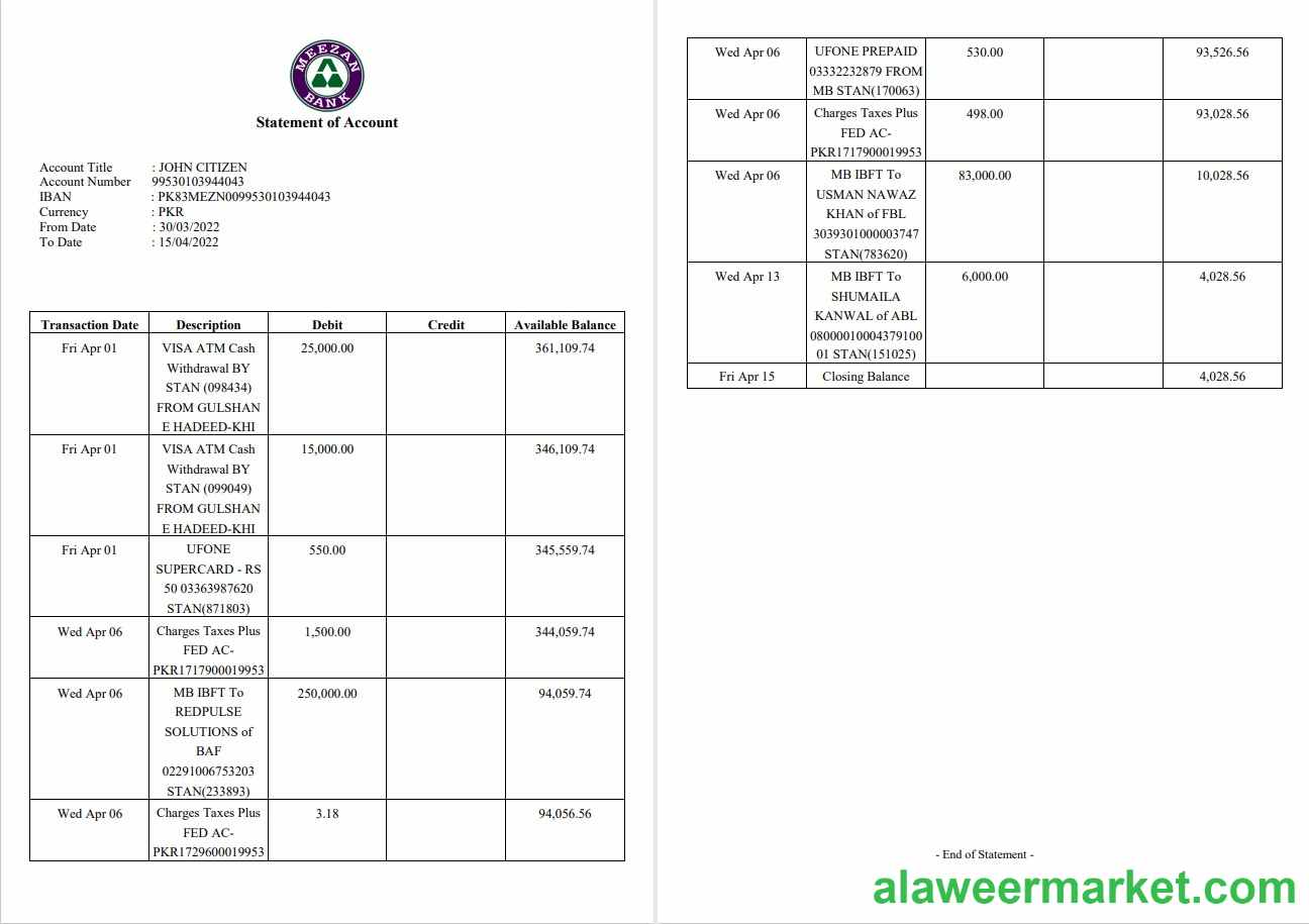 Pakistan Meezan bank statement 2 pages